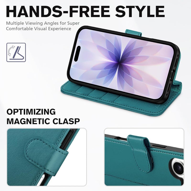 TUCCH Wallet Case for iPhone 17 (6.3") 2025, 4 Card Holders | RFID Blocking | Stand | Shockproof TPU Shell | PU Leather | Magnetic Closure | Protective Flip Folio Cover | Bluish Green - Image 4